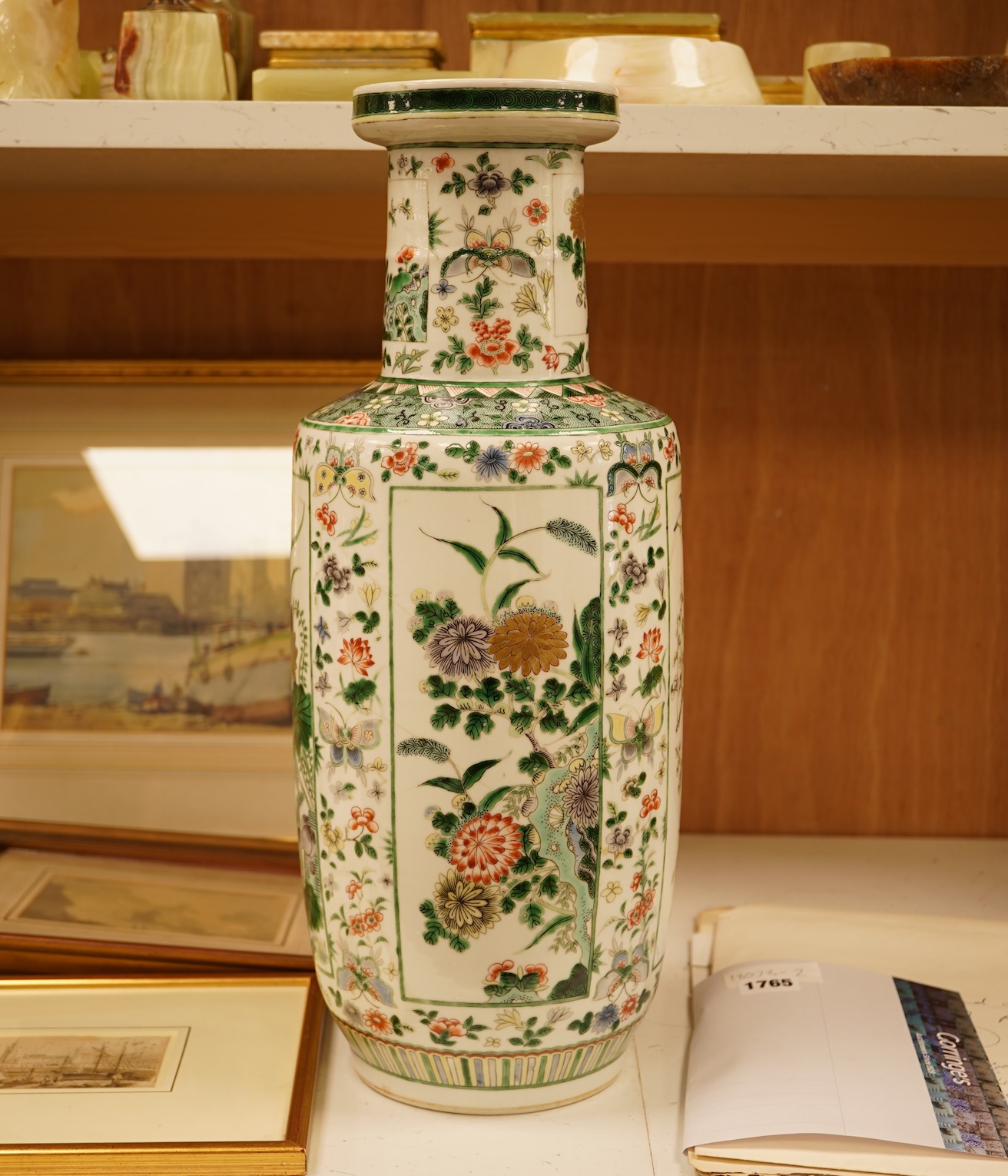 A Chinese famille verte rouleau vase, 19th century, 46cm